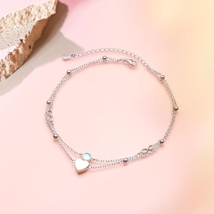 FLYOW Anklet for Women S925 Sterling Silver Adjustable Foot Beaded Heart Charm Ankle Bracelet Anklets Jewelry