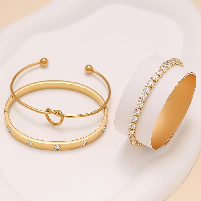 FAFUGA 18 K Gold Plated Love Bangle Bracelet Stack Cuff Jewelry for Women Jewelry Set for Women Gift with Box