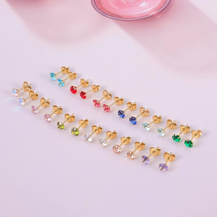 12 Pairs 18K Gold Plated Surgical Stainless Steel Stud Earrings, Star Heart Square Stud Earring for Women, Cubic Zirconia Birthstone Stud Earrings Set