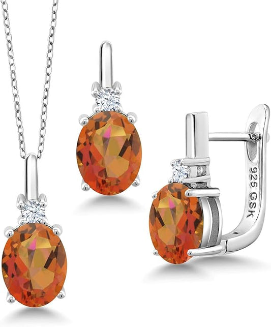 Gemstone Birthstone and White Created Sapphire Pendant and Earrings Jewelry Set for Women in 925 Sterling Silver | Oval 8X6MM and Round 2.5MM | With 18 Inch Chain | Fine Jewelry for Her Mom Women Wife