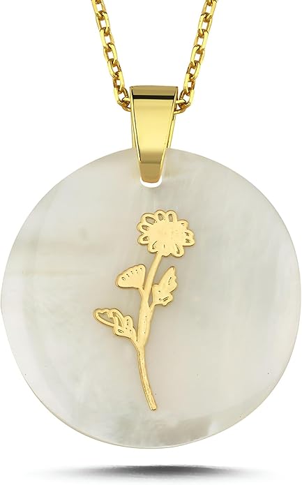 ONTHOLOGIE Birth Month Flower Necklace on Natural Mother of Pearl, 925K Sterling Silver Pendant Birth Flower Necklace, Personalized Birth Month Jewelry, Meaningful Gift for Women