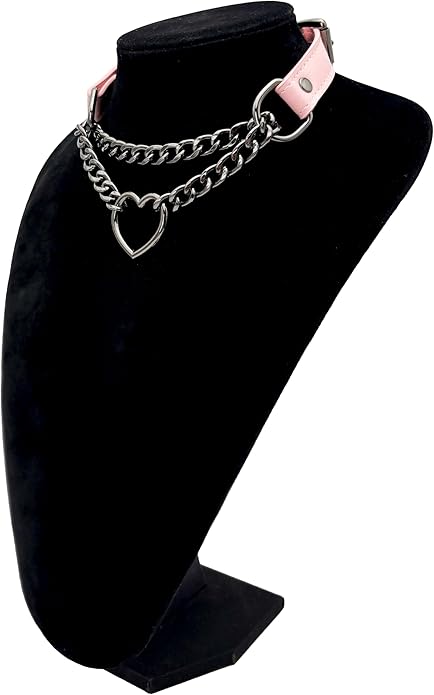 Black Leather Choker Collar For Women, Handmade Heart Slip Chain Choker Long Necklace with Adjustable Buckle