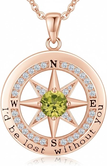 Compass Necklace for Women Wife Girlfriend Mom Daughter Gifts S925 Silver Jewelry For Anniversary Rose Gold Gifts For Birthday Christmas Mothers Valentines Day 12 Birthstones