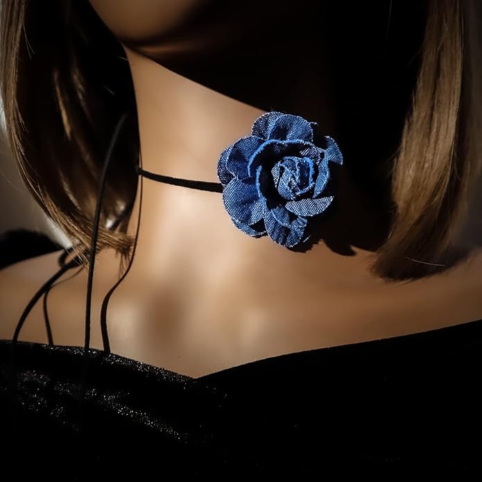 Black Choker Camellia Flower Lace-up Necklace For Women