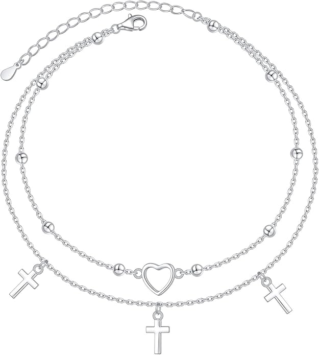 Anklet for Women S925 Sterling Silver Adjustable Foot Evil Eye Starfish Heart Bead Butterfly Celtic Knot Cross Multilayer Layered Ankle Bracelet Jewelry