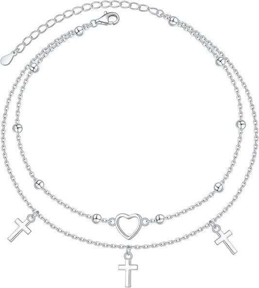 Anklet for Women S925 Sterling Silver Adjustable Foot Evil Eye Starfish Heart Bead Butterfly Celtic Knot Cross Multilayer Layered Ankle Bracelet Jewelry