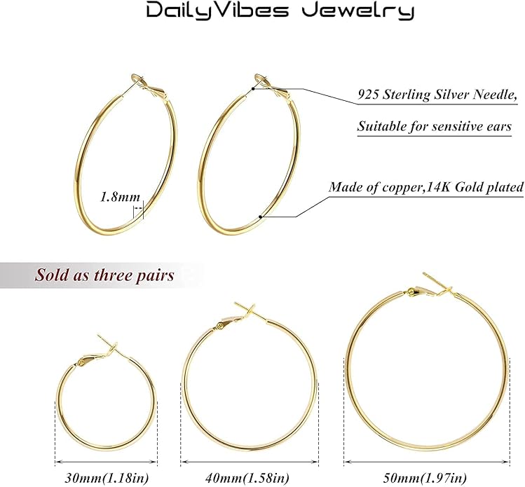 Big Gold Hoop Earrings for Women Hypoallergenic 925 Sterling Silver Post Thin Loop 14K Gold Plated Hoop Earrings Set for Women, 3 Pairs
