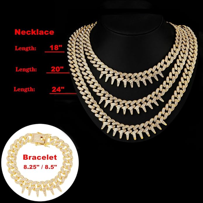 HH BLING EMPIRE Mens Gold Silver Plated Spike Cuban Link Chain Necklace and Bracelet Sets, Chunky Iced Out Diamond Miami Cuban Link Chains Hip Hop Jewelry