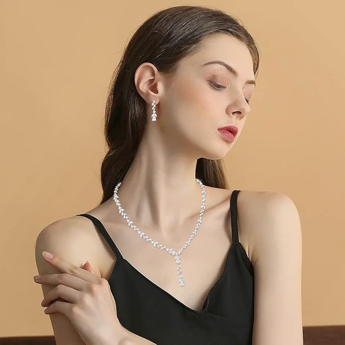 MEEDOZ Bridal Wedding Jewelry CZ Set Marquise Teardrop Cubic Zirconia Pendant Necklace and Dangle Earring Bracelet Sets for Women