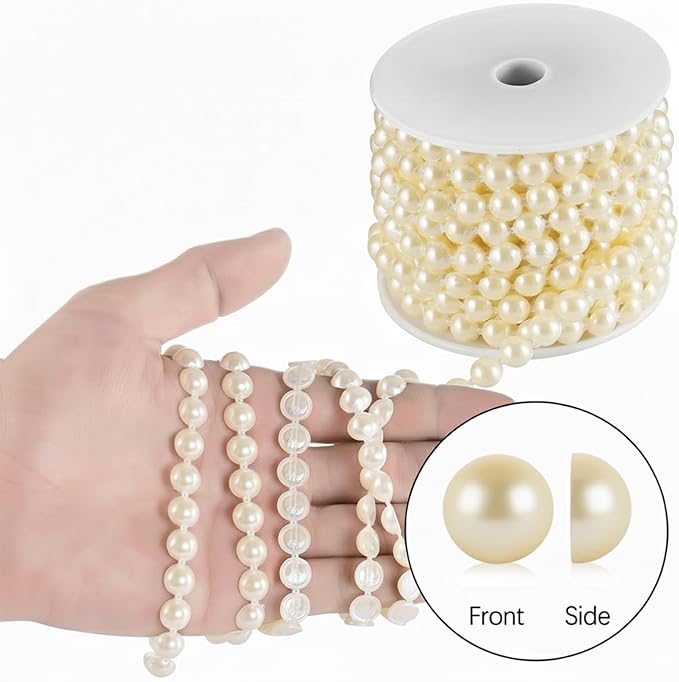 Half-Round Flat Pearl Bead Garland String 10MM 11 Yards, Pearl Beaded Spool Roll Crafts for Wedding Party Decoration (Ivory)