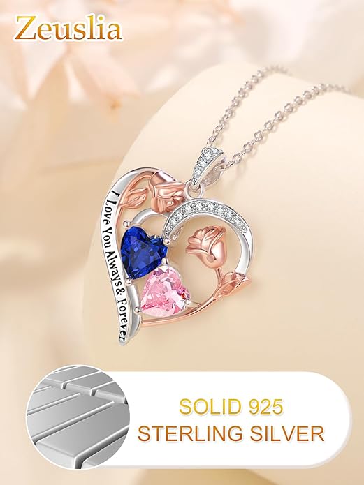 Zeuslia Double Birthstone Necklace Gifts for Wife - 925 Sterling Silver Sunflower/Rose/Crown Cross/Compass/Heart Pendant I Love You Necklace, Anniversary Birthday Gifts for Wife Girlfriend Mom Her
