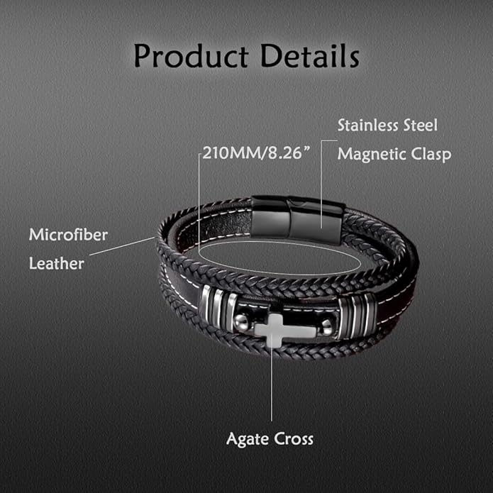 Cross Leather Bracelet For Men Multilayer Braided Memorial Wristband Bangle Stainless Steel Buckle Religious Activities Holiday Gifts