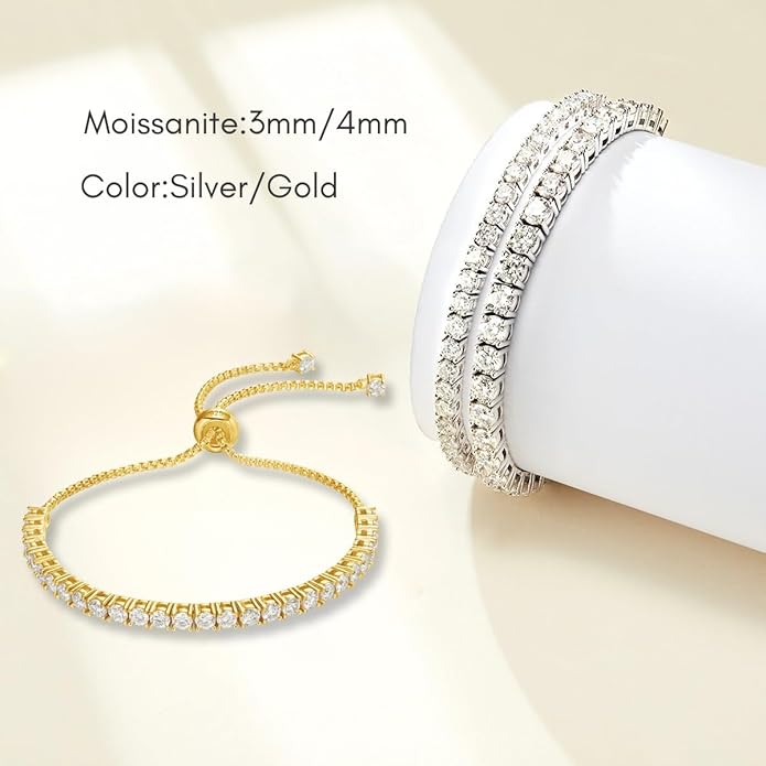 LOVE&LOVE Moissanite Tennis Bracelets for Women, 3mm & 4mm D Color VVS1 Round Cut｜925 Sterling Silver Adjustable Bracelet, Jewelry Gift Her Birthday Anniversary