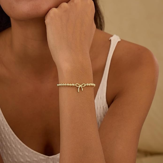 Beaded Bracelet for Women Trendy Stretch Handmade Ball Charm Bracelet Dainty Cross Heart Bow Wave CZ Stackable Jewelry Charm Gifts for Her
