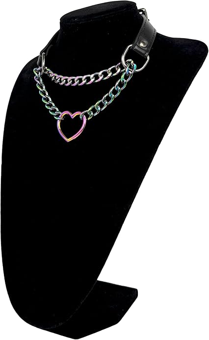 Black Leather Choker Collar For Women, Handmade Heart Slip Chain Choker Long Necklace with Adjustable Buckle