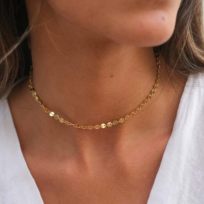 Dainty Chain Necklace for Women, 18K Gold Plated Coin Disc Choker Necklaces Simple Satellite Beaded Twisted Thin Paper Clip Chain Everyday Jewelry Gifts