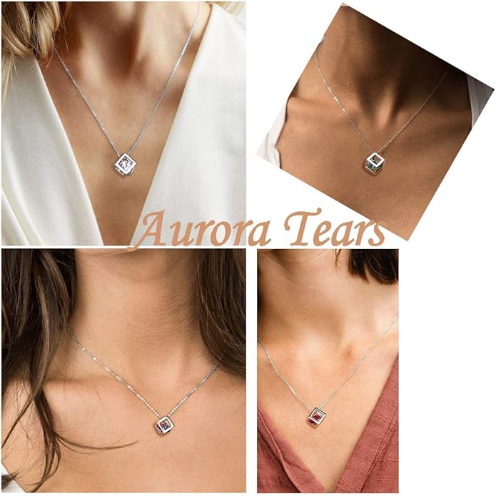 Aurora Tears Birthstone Necklace/Earring 925 Sterling Silver Women Cross/3D Cube/Cresent Moon Birth Stone Jewelry Mens Birthday Gift Anniversary Present