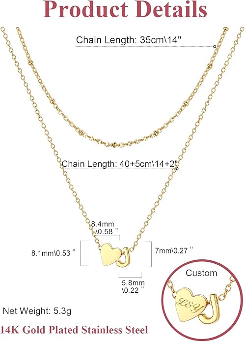 FOCALOOK Layered Initial Necklace for Women, 14K Gold Plated Choker Necklaces Stacks with Initial A-Z, Dainty Silver Heart Pendant Necklace Personalized Birthday Women Jewelry