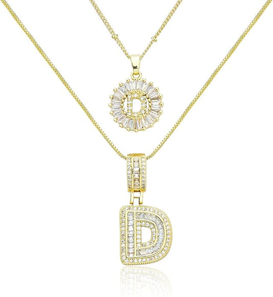 14K Gold Plated Initial Letter Pendant Necklace, Cubic Zirconia Crystal, Copper Chain