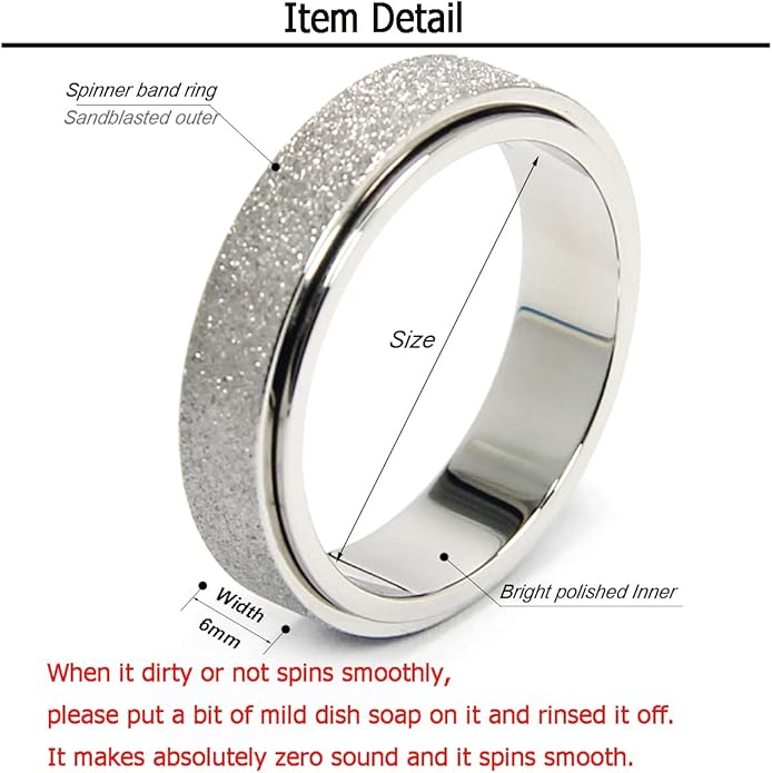 AmorArtSky Anxiety Ring for Women Men, Titanium Stainless Steel Spinner Ring, 5 Colors, 6MM, Size 6-10, 3 Styles Anxiety Ring-Moon Star, Sandblasted Finished, Hollow Outer