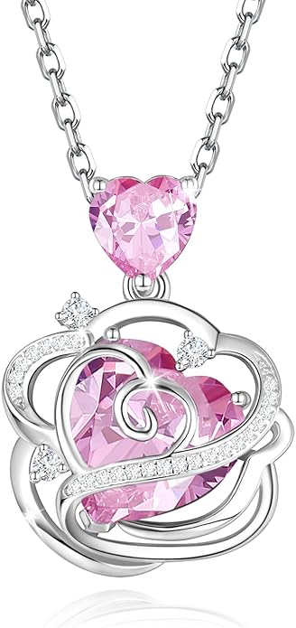 FANCIME Thornless Pulse Birthstone Necklace for Women Sterling Silver Rose Pendant Fine Jewelry Gemstone Birthday Valentines Day Gifts for Wife Her