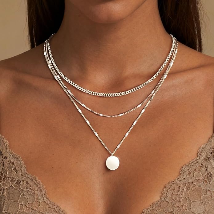 WomenGifts Layered Gold Necklaces for Women, 14K Gold Sterling Silver Plated Dainty Pendant Necklace Set with Cubic Zirconia Circle, Chunky Stackable Cuban Chain Choker, Trendy Personalized Birthstone Jewelry Gift Non Tarnish