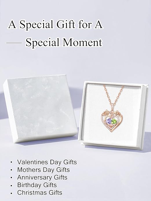 JIYVY32 Rose Heart Necklace for Women Exquisite 925 Sterling Silver Anniversary Birthday Gifts for Wife Mom Her Double Birthstone Pendant Jewelry