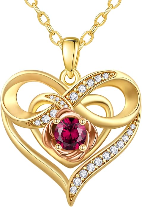 Infinite Heart Birthstone Necklaces for Women Gold Plated Pendant Wedding Anniversary Birthday Gift for Wife Her Mom Grandma Daughter Jewelry with Round Birthstone