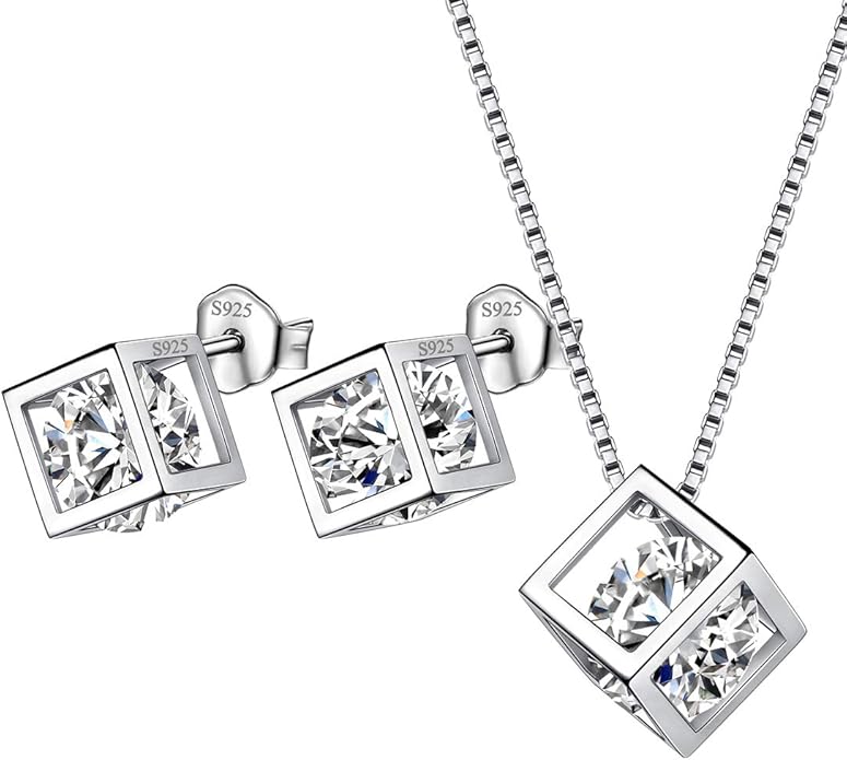 Aurora Tears Birthstone Necklace/Earring 925 Sterling Silver Women Cross/3D Cube/Cresent Moon Birth Stone Jewelry Mens Birthday Gift Anniversary Present
