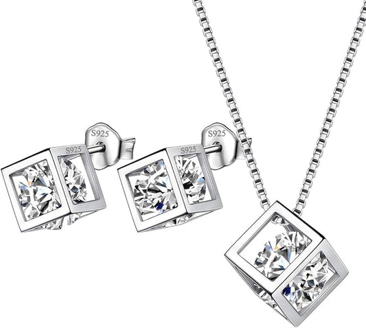 Aurora Tears Birthstone Necklace/Earring 925 Sterling Silver Women Cross/3D Cube/Cresent Moon Birth Stone Jewelry Mens Birthday Gift Anniversary Present