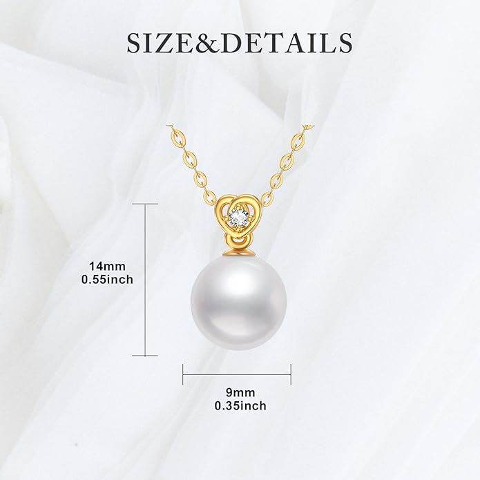 NFYBD 14K Gold Pearl Necklace for Women,9MM Freshwater Cultured White Pearl Heart Pendant Necklaces for Her Wife Mom Gifts for Anniversary Birthday Mothers Day 16+1+1