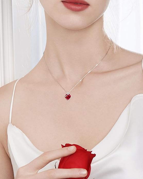 FANCIME 14K Solid White Gold Rose Pendant with Sterling Silver Chain Heart Birthstone Gemstone Fine Jewelry Christmas Gifts for Women Her