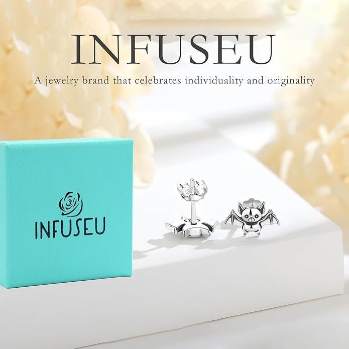 INFUSEU Sterling Silver Cute Stud Earrings Cat Frog Mushroom Bunny, Small Gifts for Women Teen Girls Animal Lovers