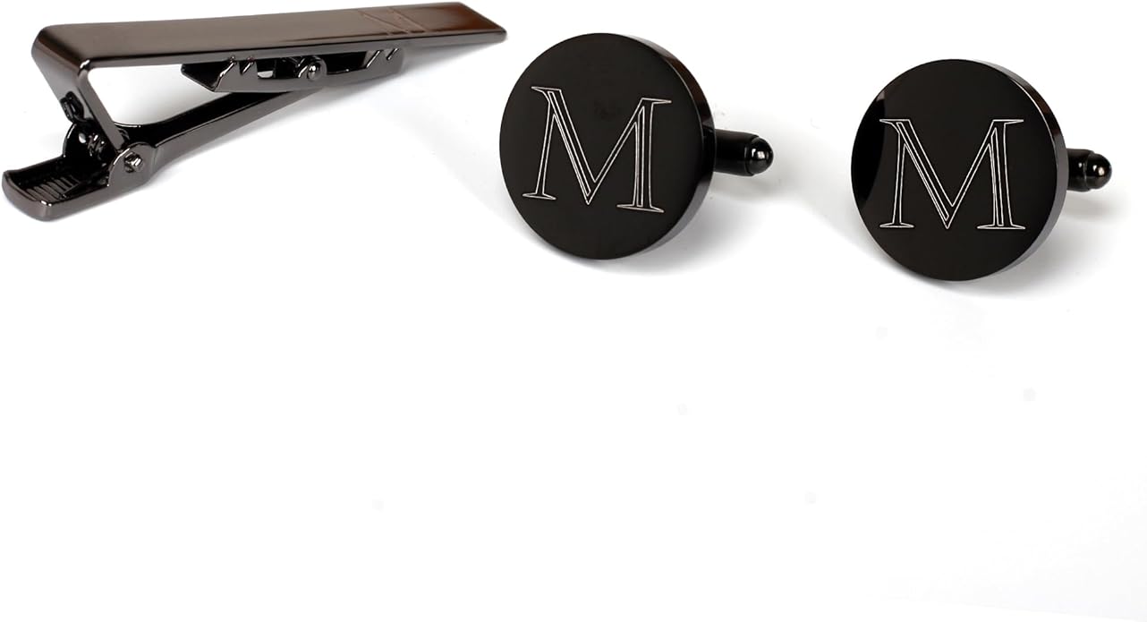 Mens Initial Cufflinks and Tie Clip A-Z Alphabet Letter Black Stainless Cuff Links Tie Bar with Engraved Walnut Wood Box Groom Groomsman Wedding Set