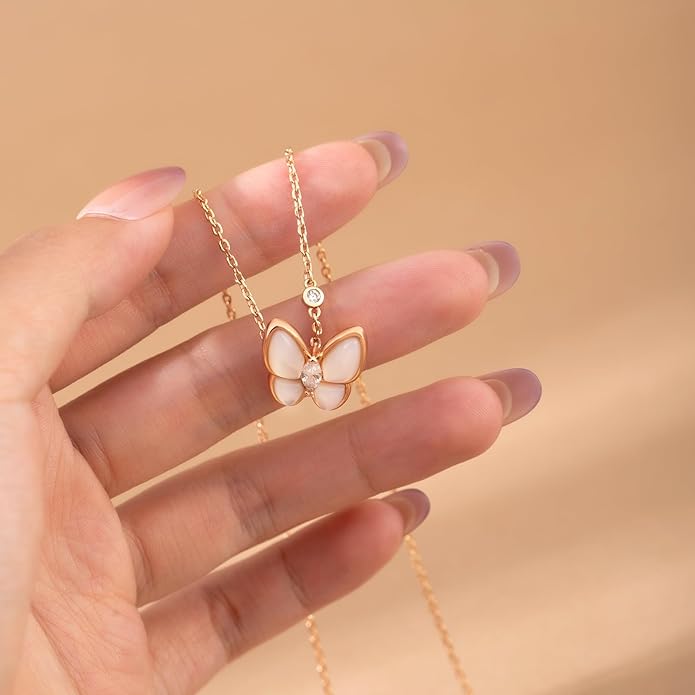 18K Rose Gold Sterling Silver Butterfly Necklace for Women, Mother of Pearl Pendant Necklace, Valentines Day Gift for Her, Wife, Mom, Gift Ready in Elegant Jewelry Box