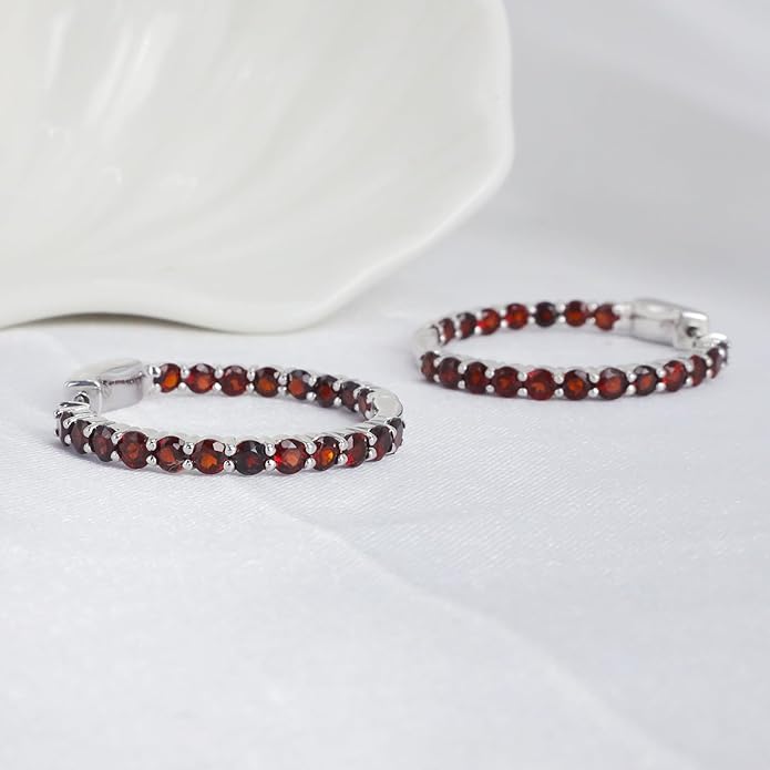 Hoop Earrings with 40 Colored Gemstones, Birthstone Earrings, 925 Sterling Silver Rhodium Plated, Push Back Closure, 1.18'