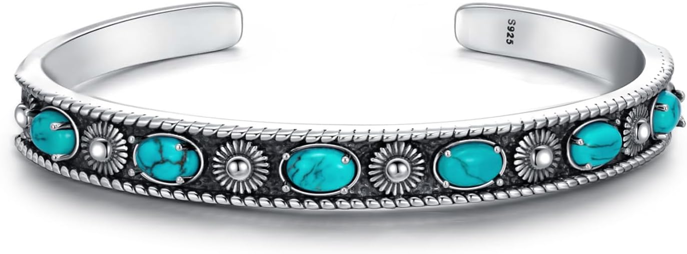 Native American Genuine Turquoise Cuff Bracelet for Women 925 Sterling Silver Turquoise Boho Bangle Adjustable Fit for 6.5 to 7.5 Inch