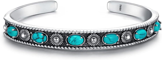 Native American Genuine Turquoise Cuff Bracelet for Women 925 Sterling Silver Turquoise Boho Bangle Adjustable Fit for 6.5 to 7.5 Inch