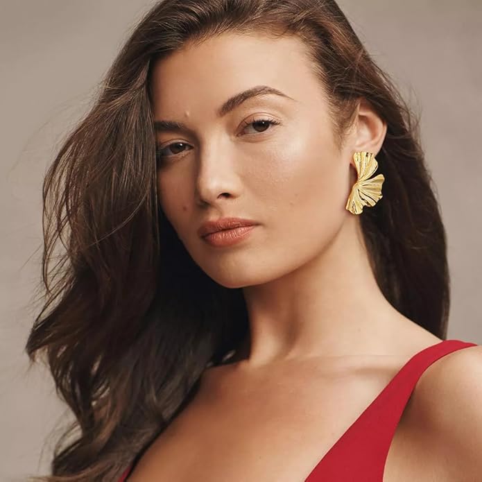 Chunky Gold Statement Earrings For Women Gold Plated Sectored Flower Leaf Shell Angel Wing Earrings Large Stud Earrings Hypoallergenic Earrings