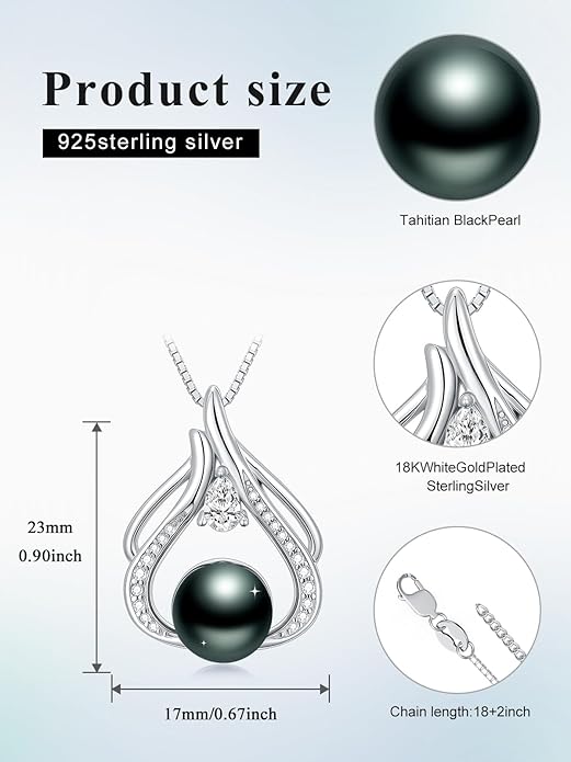 KANNSOAR Tahitian Black Pearl 18K White Gold Plated Sterling Silver Heart/Infinity/Four Leaf Clover Pendant Necklace Jewelry Gifts for Women Wife Mom Girlfriend Wedding Birthday Anniversary Christmas