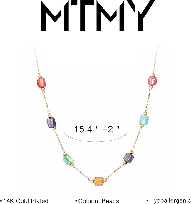MTMY Beaded Necklaces for Women 14K Gold Plated Dainty Colorful Green/Rose Beaded Pearl Choker Necklace Delicate Boho Choker Necklace Jewelry Gift