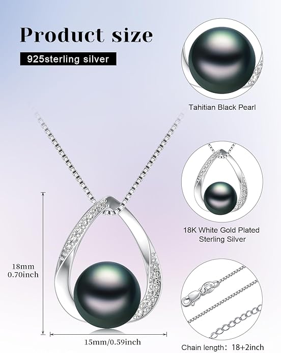 KANNSOAR Tahitian Black Pearl Pendant Necklace AAAA 18K White Gold Plated 925 Sterling Silver Black Pearl Jewelry Gift for Women Mother Wife Her for Anniversary Christmas Birthday