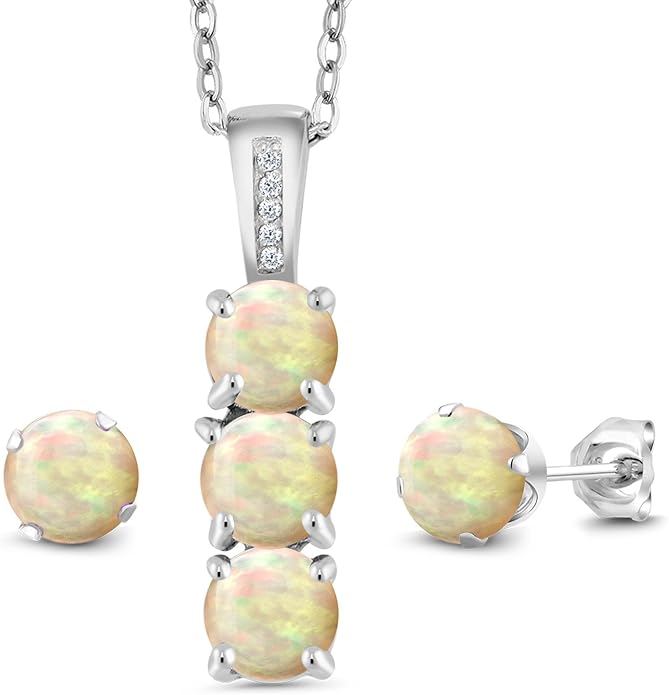 Gem Stone King 925 Sterling Silver 5MM Gemstone Birthstone and White Diamond 3-Stone Pendant and Earrings Jewelry Set For Women | With 18 Inch Chain