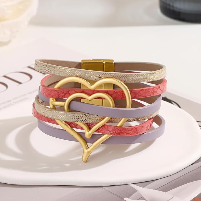 Edoneery Leather Wrap Bracelet for Women, Boho Handmade Multi-Layer Cuff with Crystal Beads Heart, Stackable Bangle Western Jewelry Gift