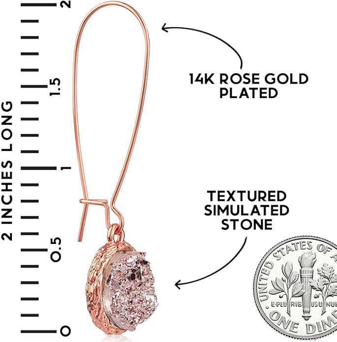 Simulated Druzy Threader Drop Earrings for Women - Gold, Silver, or Rose Gold Tone Trendy Boho Dangles with Sparkly Round Stone