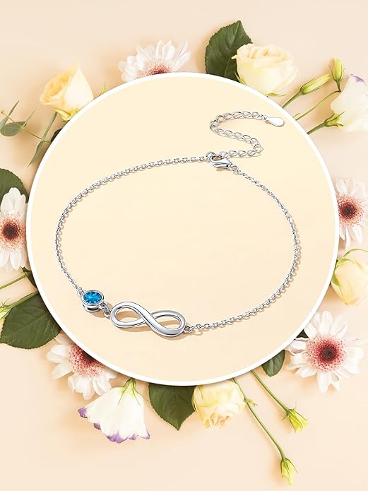 Custom4U Personalized Infinity Ankle Bracelets for Women 925 Sterling Silver Anklet Bracelet Endless Love Symbol Birthstone Charm Adjustable Foot Chain Jewelry Mothers Day Gifts for Mom Wife Women Her