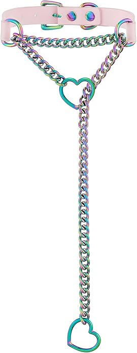 Handmade Black Heart Choker Collar For Women, Punk Gothic O-ring Slip Chain Necklace with Adjustable Vegan Leather Buckle