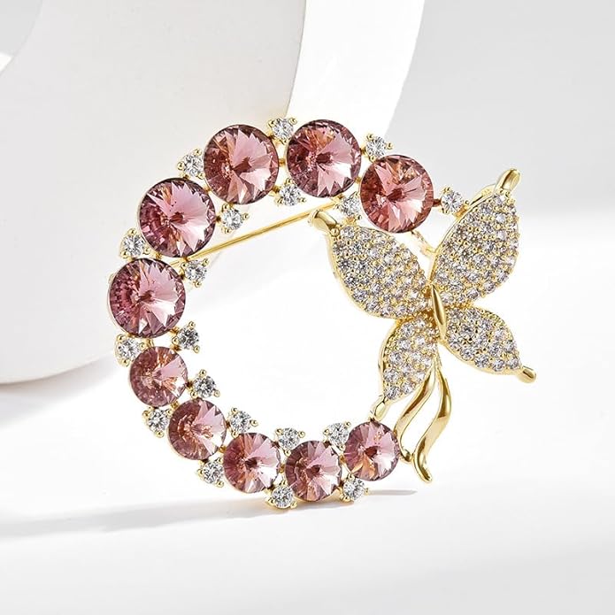 14K Gold Grand Butterfly Brooch with Crystal Embellishments, Circular Design Adorned with Natural Pearl, Luxurious and Elegant Pin for Stylish Attire