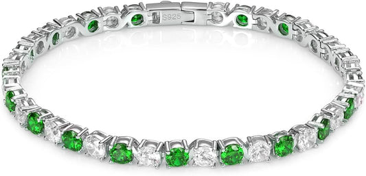 18K White Gold Plated Birthstone Tennis Bracelet for Women, Hypoallergenic 925 Sterling Silver with 5A Cubic Zirconia, Dainty Jewelry Anniversary Birthday Gifts for Her