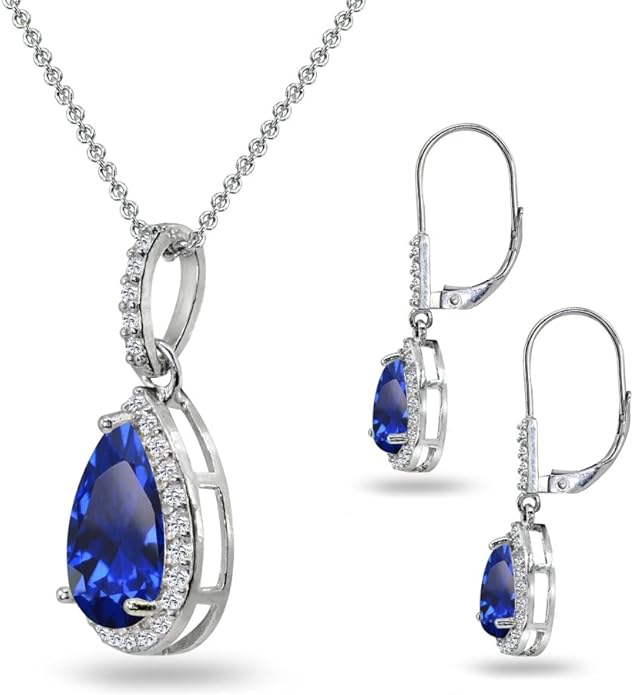 Jewelry Sets for Women, Necklace and Earring Sets for Women, Birthstone Jewelry, Genuine or Synthetic Gemstones, Teardrop Necklace and Dangle Earrings, Pendant Necklace, Sterling Silver Jewelry